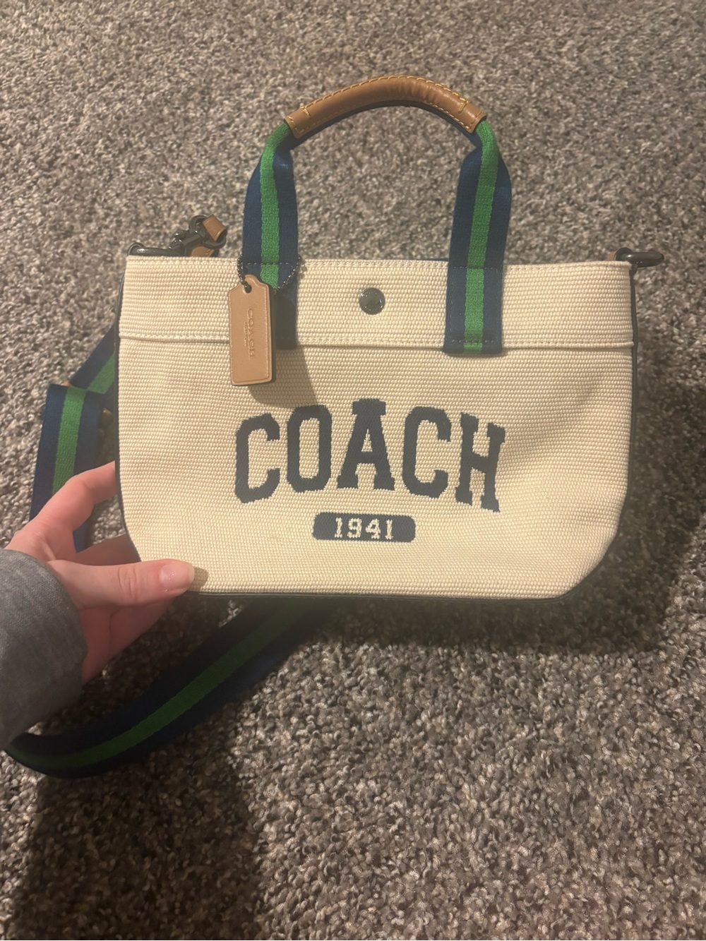 Coach Canvas Crossbody in Cream with Navy Logo and Green-Trim Strap